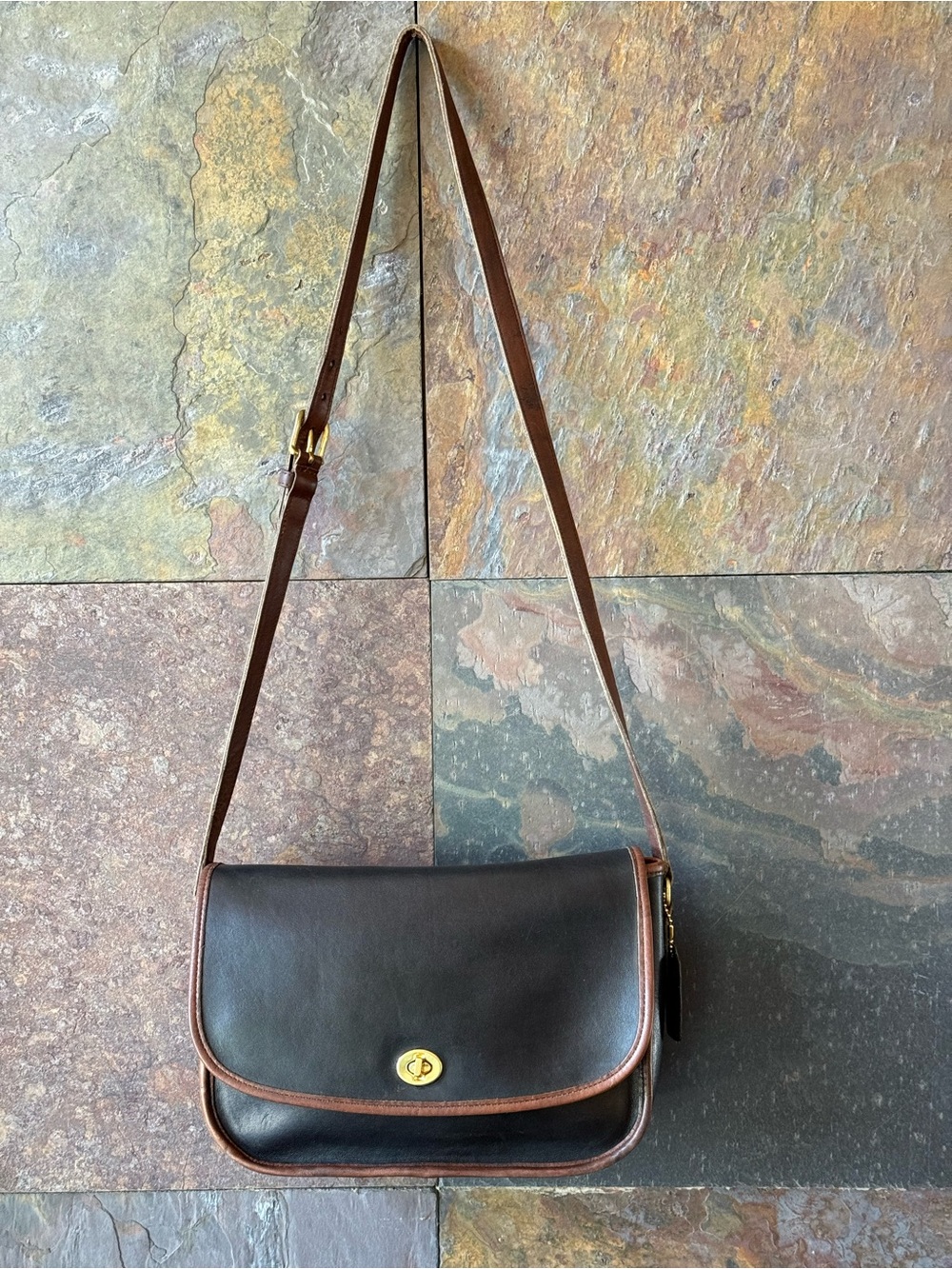 Coach spectator tabac/black two tone leather city bag. 1980’s. USA, 11”x7”x3.5